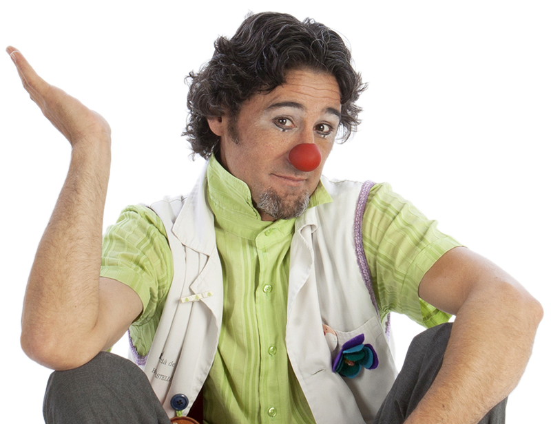 Payaso sentado en el suelo haciendo gesto de "¿Quién sabe?"