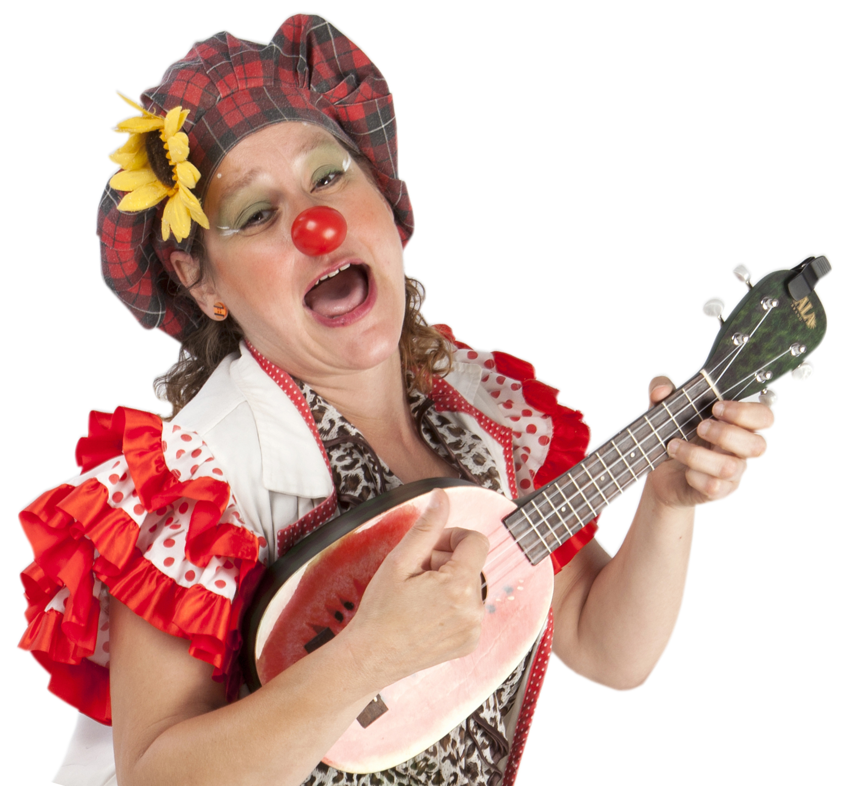 Payasa tocando el ukelele con sombrero de cocinero y girasol