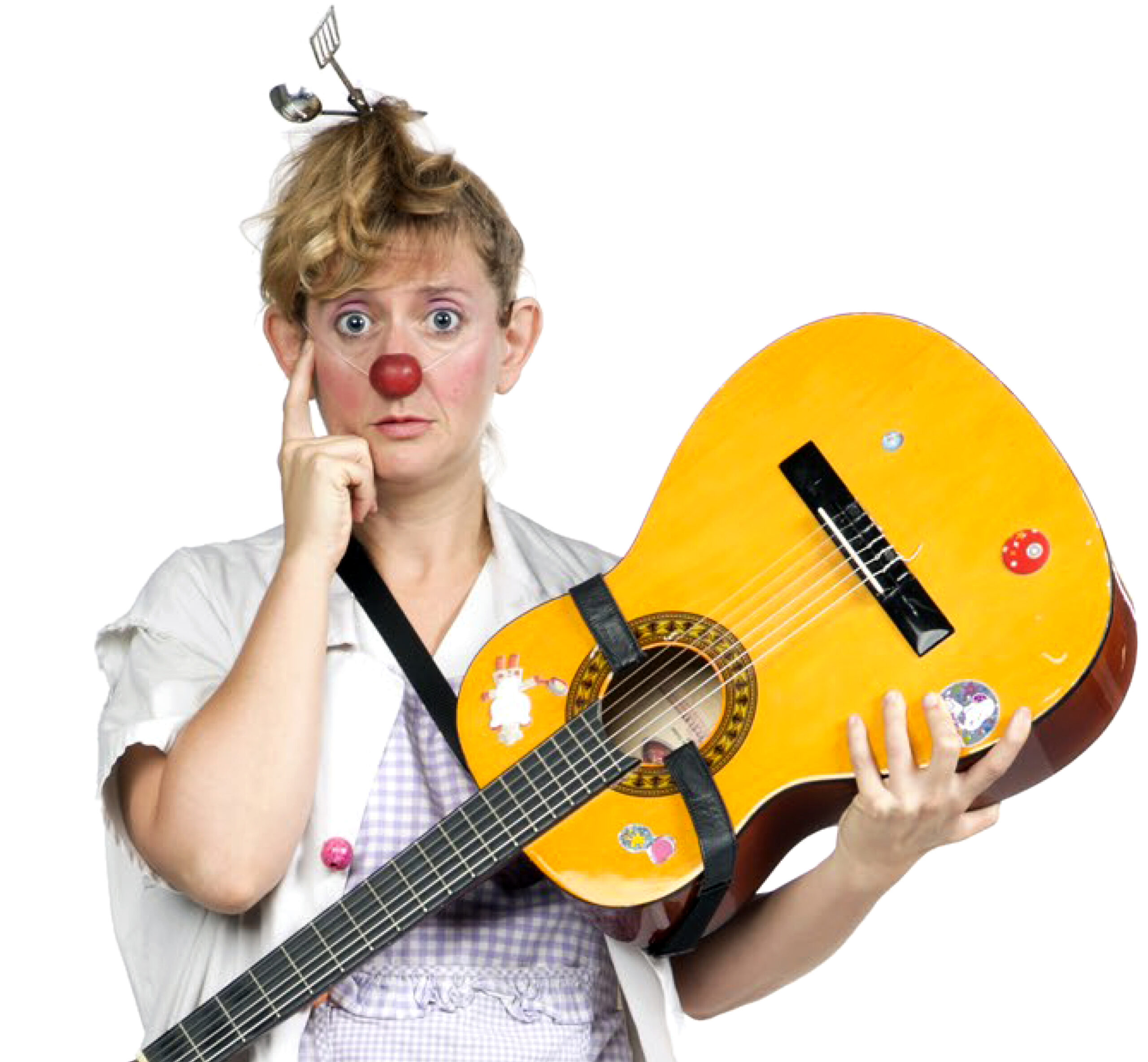 Payasa Elena con guitarra y cara de sorpresa