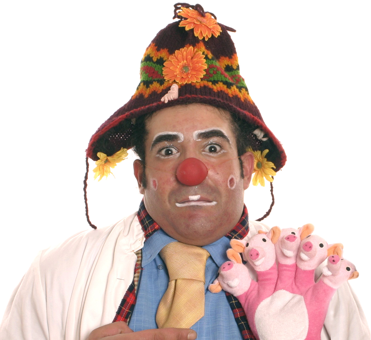 Payaso "Teomómetro" con cara divertida y gorro de invierno con flores