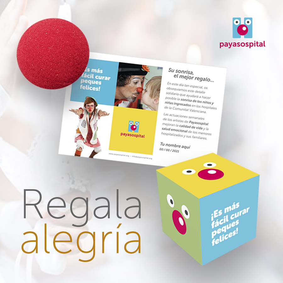 Publicidad de un pack de nariz de espuma, tarjetón personalizado y cajita de cartón