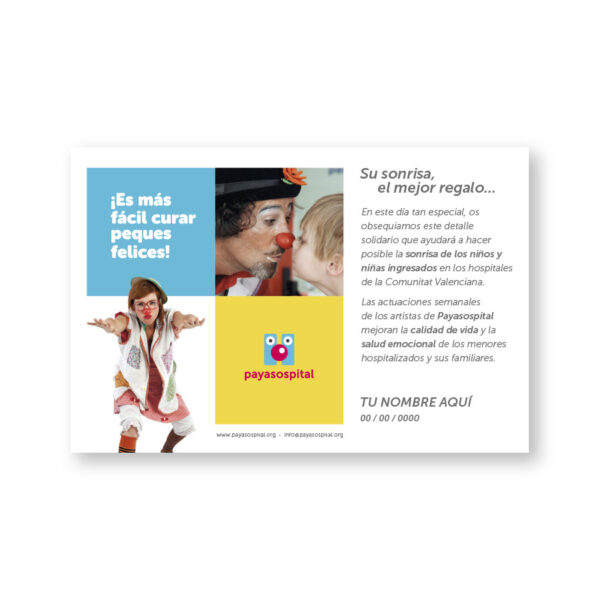 Tarjetón personalizable de Payasospital para detalles de bodas, comuniones y eventos especiales